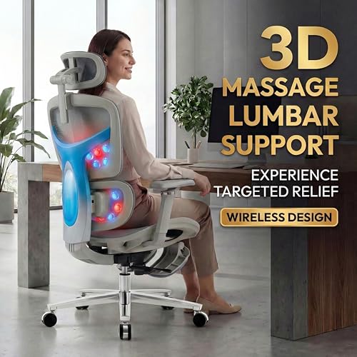 Image of Ergonomic Office Chair with Footrest & Massage Lumbar Support - Adjustable Seat Depth & Back Height Reclining Big and Tall 400LBS Mesh Chair, 4D Headrest & 6D Armrests, for Home Office /Gaming(Gray)