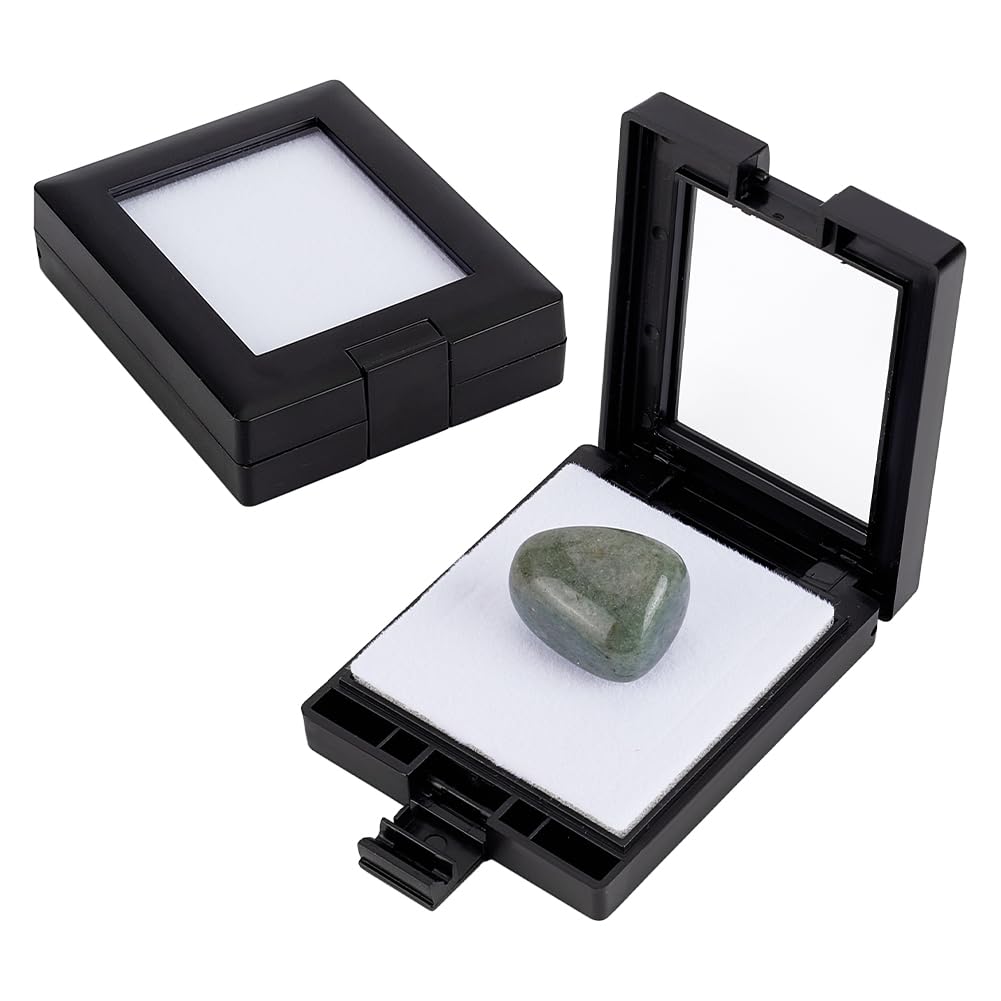 BENECREAT 2個セット ルースケース 6.15ｘ5cm ジェムストーンディスプレイボックス 宝石収納 黒い ジュエリーケース クリア窓と留め具付き 宝石箱 天然石 クリスタル ピアス 指輪 白いスポンジ付き