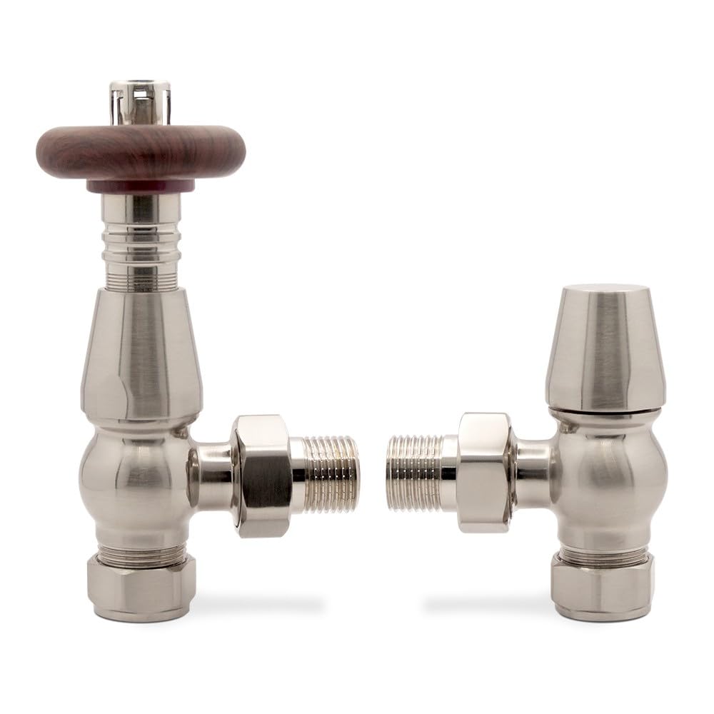 Brushed Nickel Angled Traditional Wood Top TRV Thermostatic Radiator Towel Rail Valves