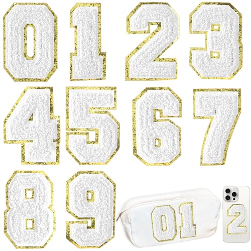 HEKOOLA 3 Inch White Chenille Varsity 0-9 Iron On Number Patches 10 Pcs