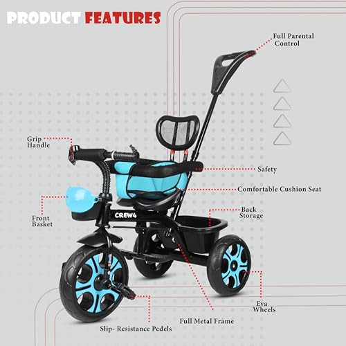 Image of Tricycle 1 Years to 5 Years with Removable Safety Guard and Parental Control Back Side Push Handle with Rubber Tyre for Kid's CR07 (Blue 4)