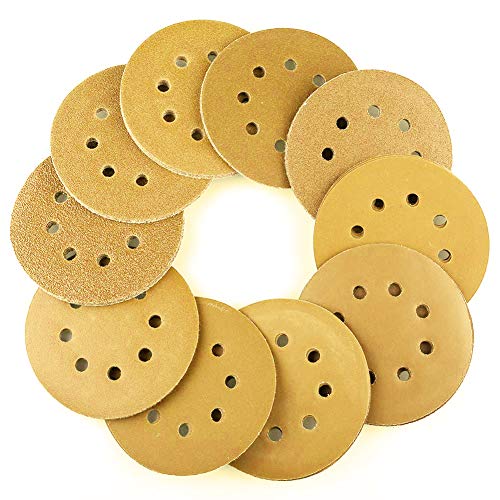 AUSTOR 50 Pcs Gold Sanding Discs 5 Inch 8 Holes Dustless Hook and Loop 60/80/ 100/120/150/180/240/320/400/800 Grit Assortment for Random Orbital Sander