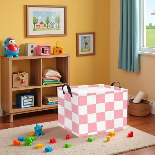 Image of Rectangular Storage Basket for Home Kitchen Girls Cute Storage Bin Organizer Shelf Book Room Decor(Pink Checked)