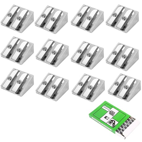 Yuannee Unidades Sacapuntas Metálicos Plateados,12 PCS Doble Orificio para Lápices Gruesos Delgados Aleación Aluminio Afilalápices Manual Compacto Ideal para Escuela Oficina Artesanías