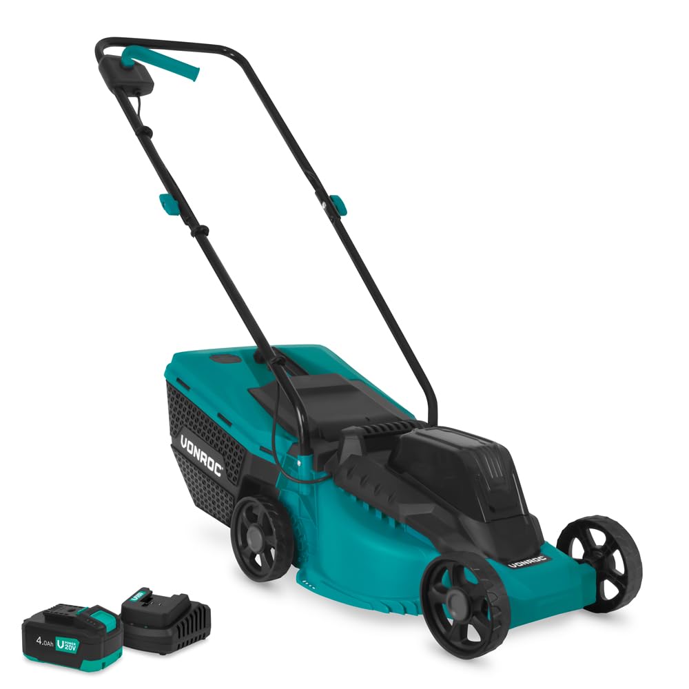 VONROC - Cortacésped inalámbrico VONROC 20 V - Ancho de corte 32 cm - Motor sin escobillas - Tres alturas de corte ajustable: 30/50/70 mm - Bandeja de recogida 30L. Batería de 4,0 Ah, cargador