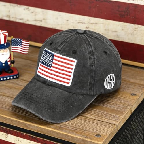 Image of IZUS Women USA-Flag Baseball-Cap American Patriotic Baseball Hats Men's Distressed-Cotton Dad-Hat for Adult Teens