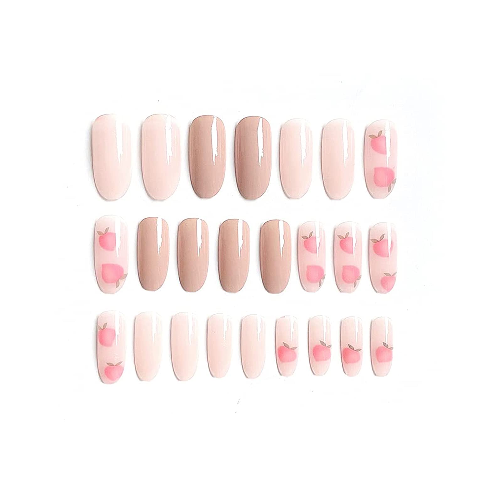 ELECDON Glossy Nude Press on Nails Long Oval False Medium Length Nails Pink Peach Pattern Fake Nails Acrylic Full Cover Artificial Nail Tips for Women&Girls Manicure 24PCS
