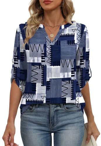 Image of XIEERDUO 3 /4 Length Sleeve Womens Tops V Neck T Shirts Both Side Buttons Blouses Business Casual Outfits Loose Fit