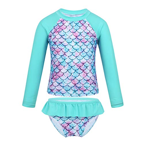 Agoky Baby Toddler Girls Long Sleeve Swimsuit Floral Rash Guard Sun Protection Cyan Fish Scales 8