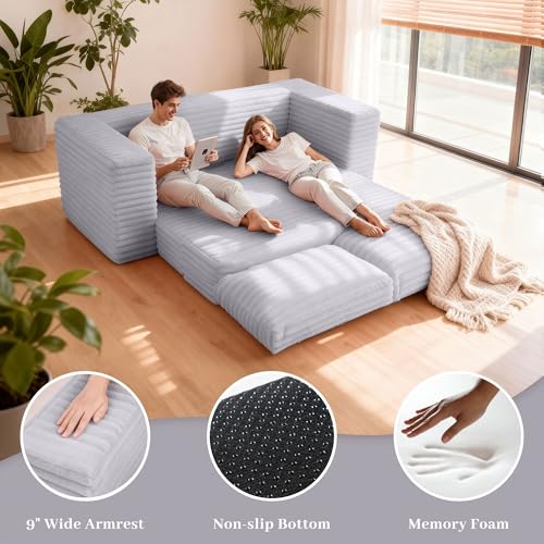 Image of HABUTWAY 62 inch Small Boneless Couch,3-in-1 Convertible Folding Sofa Bed, Corduroy Loveseat Sofa Bed w /2 Pillows for Living Room /Guest Room No Assembly Required, Light Grey