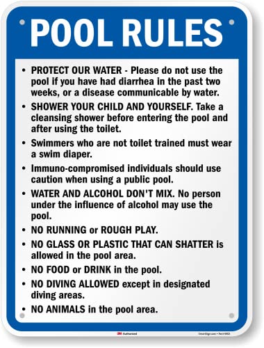 SmartSign 24 x 18 inch “Pool Rules - Protect Water, No Running, No Food Or Drink…” Oregon State Metal Sign, 80 mil Aluminum, 3M Laminated Engineer Grade Reflective Material, Blue, Black and White