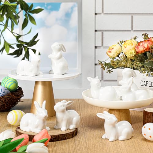 Nuenen 8 Pcs Easter Bunny Decorations Mini Ceramic Rabbit Figurine Decor Vintage Bunny Figurine 3.5 Inch Spring Easter Porcelain Modern Home Decor for Living Room, Bedroom, Office Desktop(White)