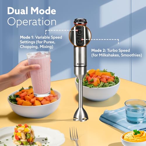 Image of AGARO Grand 1000 Watts Hand Blender with 2 Variable Speed Modes & Speed Regulator, Stainless Steel Blades (Black)