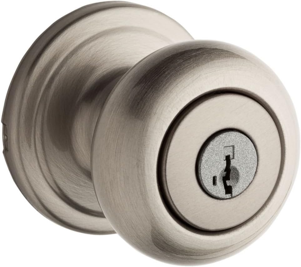 Image of Kwikset Hancock Entry Door Knob with Lock and Key, Secure Keyed Handle Exterior, Front Entrance and Bedroom, Satin Nickel, Pick Resistant SmartKey Rekey Security & Microban (Pack of 12)