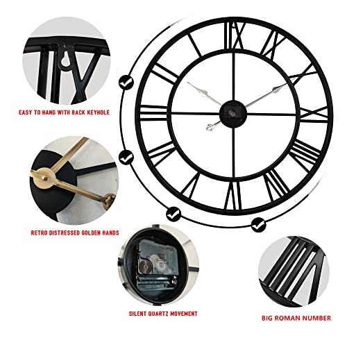 24 Inch Thicker Metal Large Wall Clock Home Decorative Industrial Clocks With Big Roman Numerals,Retro Oversized Clock For Living Room Decor,Battery Operated(Black-Roman) #TOP3