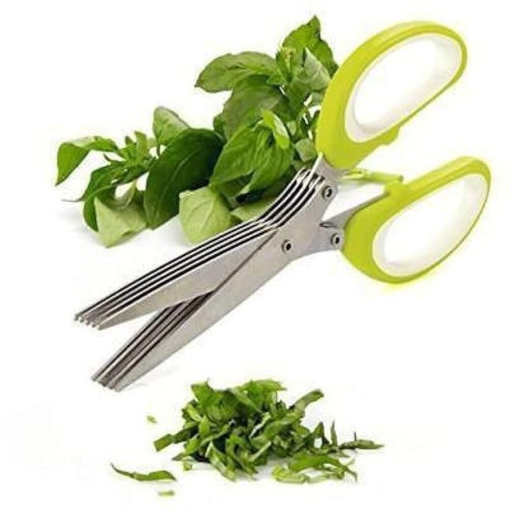 Kitchen Scissors for Home | 5-Blade Herb Cutting Scissors with Stainless Steel Blades & Green Ergonomic Handles | Multipurpose Scissor Set with Cleaning Comb for Vegetable Cutting, Herbs & Spices