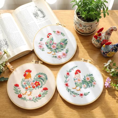 Image of Mindsoft 3 Set Needlepoint Kit for Beginners with Hoop,Flower Rooster | Bamboo Hoop Thread Needles Instructions, Easy Hand Embroidery for Beginners Home Crafts,Pre-stamped Funny Cute Designs