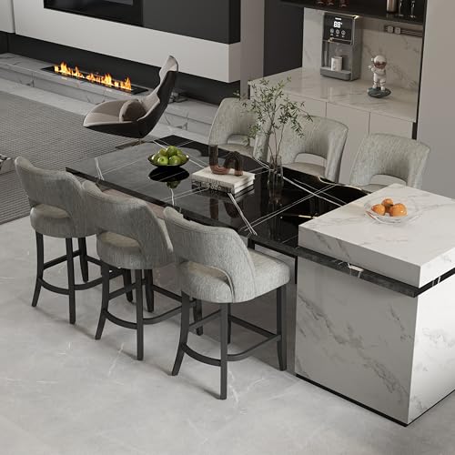 Image of VKNOW Bar Stools Set of 6, 26 inch Upholstered Counter Height Bar Stools | Modern Counter Stools with Black Rubberwood Legs for Kitchen Island Dining Room Bar, Light Grey-Black Legs