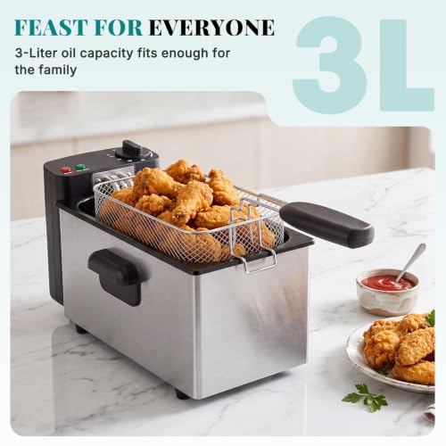 Image of OLIXIS Deep Fryer for Home Use, Small Electric Fryer with 3 Liter Capacity, 1500W Power, 4 Adjustable Temp, Lid with Viewing Window for Fried Chicken, Shrimp, French Fries, Silver