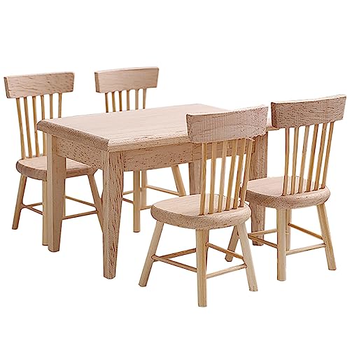 5pcs Table et Chaise en Bois Maison de Poupée Accessoires 1:12 Maison de Jouet Miniatures Restaurant Cuisine Meubles de Maison de Poupée en Bois Dollhouse...