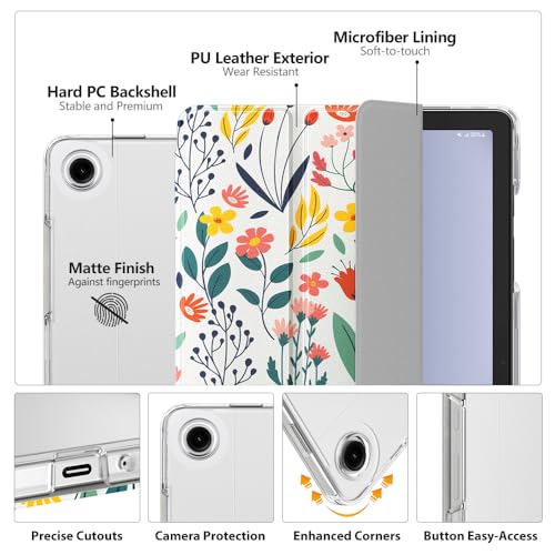 Image of MoKo Trifold Case for Galaxy Tab A9 Plus /A9+ 11 Inch 2023, Flowers | Slim Stand Hard PC Translucent Back Shell Smart Cover, Auto Sleep /Wake, Light, Anti-scratch, 2 Adjustable Angle