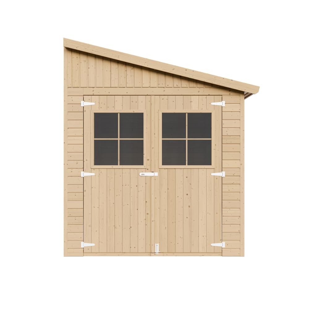 Abri de Jardin en Bois Naturel(avec paroi latérale) avec Les PLANCHERS IMPRÉGNÉ- Stockage extérieur avec fenêtres- H244x218x318 cm/6 m2 - Atelier Rangement Outils et vélos- TIMBELA M339A+M339G