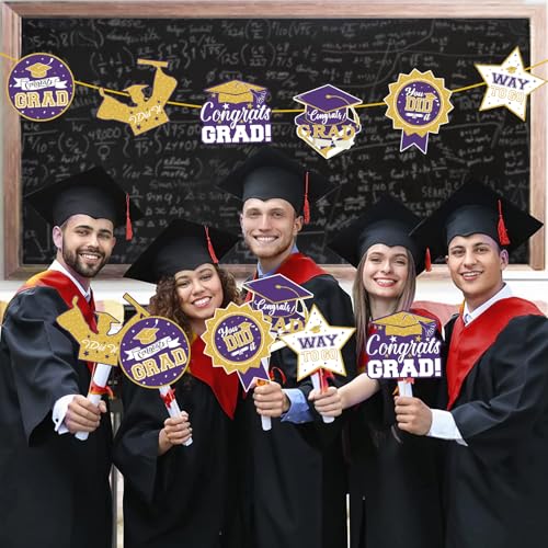 Image of 2026 Graduation Party Decorations - 24 Pcs Class of 2026 Congrats Grad Table Centerpieces Graduation Table Decorations Sticks Table Toppers for Graduation Party (Purple Gold)