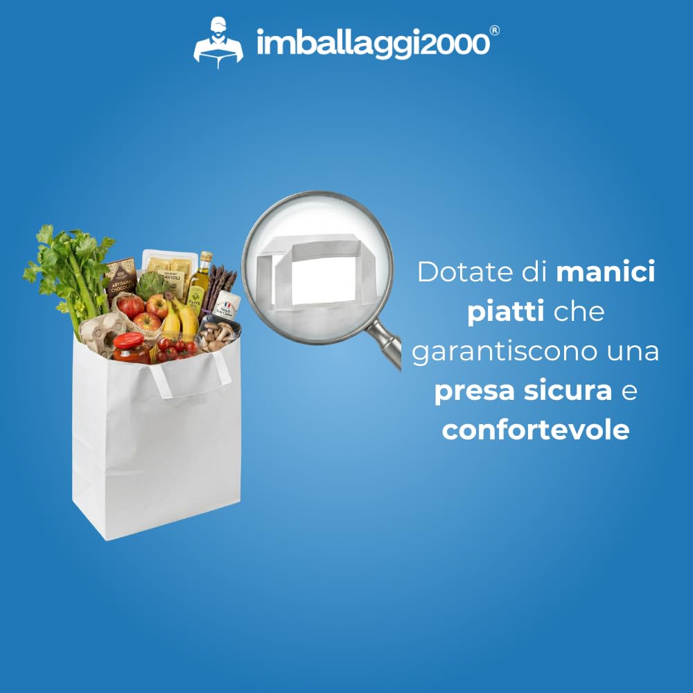 IMBALLAGGI 2000-50 Buste Shopper Carta Bianca 32x44x16 cm con Manici Piatta - Ecologiche e Resistenti