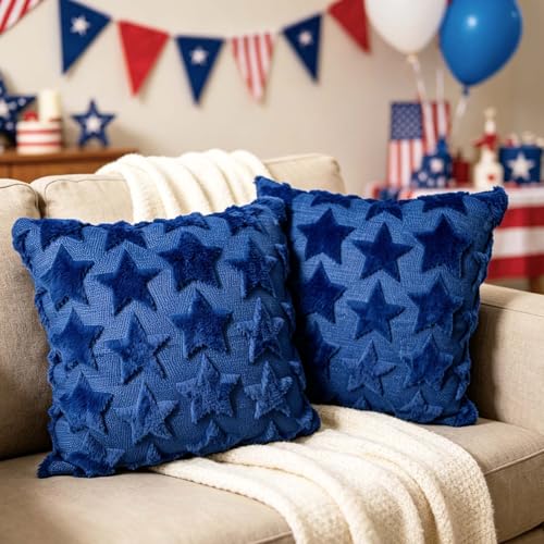 ONFAON 4th of July Pillow Covers 18x18 Set of 2 Blue Embroidery Star Independence Day Decorations Home of The Free Memorial Day Patriotic Throw Cushion Case for Home Sofa Couch