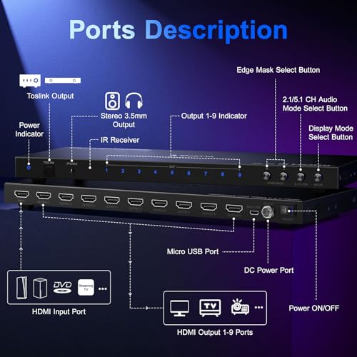 Image of PORTTA Video Wall Controller 3x3 4K, HDMI Video Wall Processor with 19 Splicing Modes, RS232, 180 Rotate, Audio Extractor, 3x3, 3x2, 2x3, 2x2, 4x2, 2x4, 1x2, 2x1, 9 tv Screens into 1 Wall Display