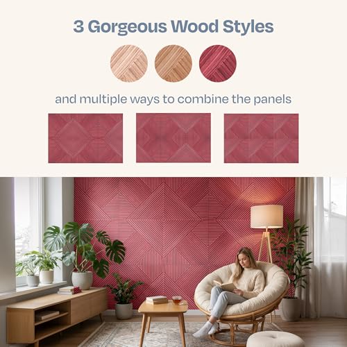 Image of XL Acoustic Wall Panels 6-Pack Decorative Acoustic Panels High Density Sound Absorbing Wall Art 70.86X47.24 Inches with Self-adhesive for Studio Home and Office - Cherry Wood Finish