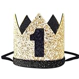 Eoopoon 1st Birthday Crown Hat for Baby, Glitter Crown for Party, Boy Girl First Birthday Hat, Black & Golden Decoration
