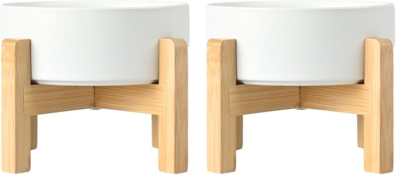 Comedouro elevado para cães com tigelas de cerâmica e suporte de madeira SPUNKYJUNKY, 2 unidades, branco