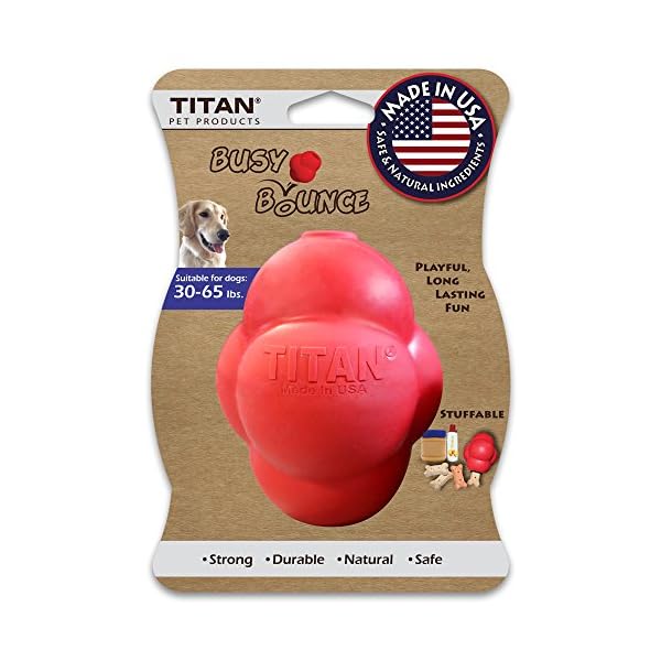 Titan Busy Bounce, Tough Durable Treat Dispensing Dog Toy with Unpredictable Bounce, 2-Pack Large | Made in USA Titan Busy Bounce, Tough Durable Treat Dispensing Dog Toy with Unpredictable Bounce, 2-Pack Large | Made in USA