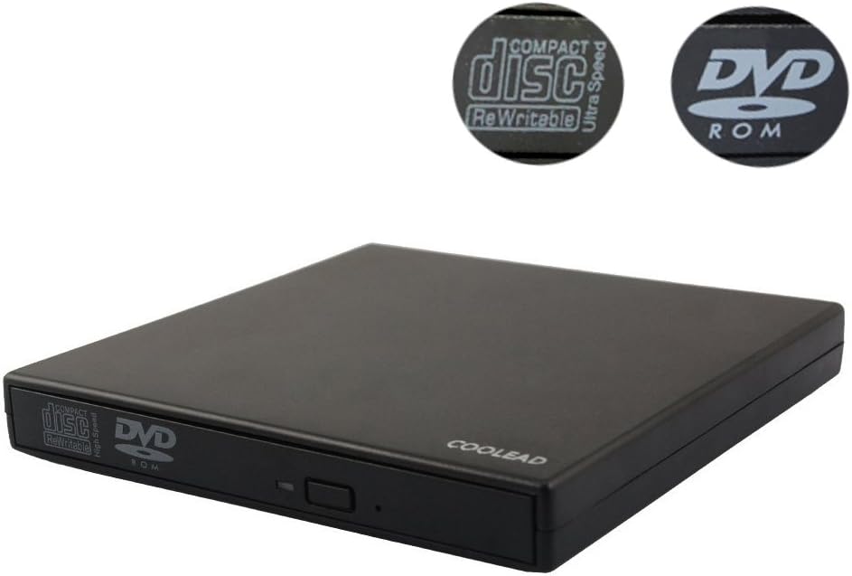 COOLEAD- Slimline USB External CD RW DVD ROM Drive for Laptops, Desktops and Notebooks (Black) with Microfiber Cloth