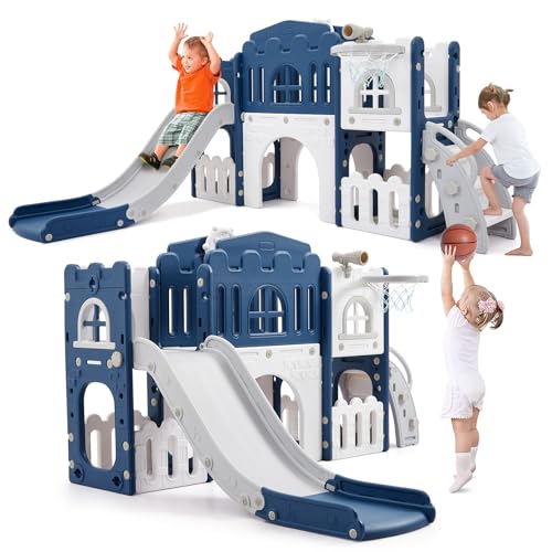 La Mejor Selección de Parques de juegos que puedes comprar esta semana. 45 Garvee 8 En 1 Conjunto De Tobogán para Niños De 1 a 3 Años, Conjunto De Juego con Tobogán, Escalera, Túnel, Canasta De Baloncesto, Espacio De Almacenamiento y Telescopio, Azul