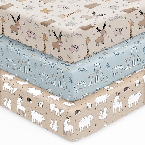 Image of Unnivoll Baby Crib Sheets for Boys Girls, 28x52x8in Fitted Crib Sheet Neutral 3 Pack for Standard Crib and Toddler Mattress, Breathable Soft Microfiber Baby Sheet Blue & Apricot Bear