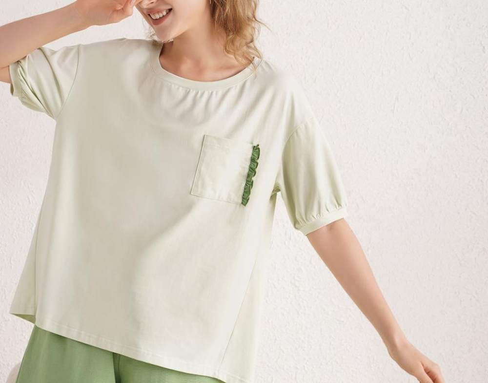 SNPP Été Pyjama Femme,Ensemble Pyjama pour Femme, Pyjama Deux Pièces en Coton, Manches Courtes Col Rond À Poche Beige Et Short Vert pour Porter Et Dormir Au Quotidien
