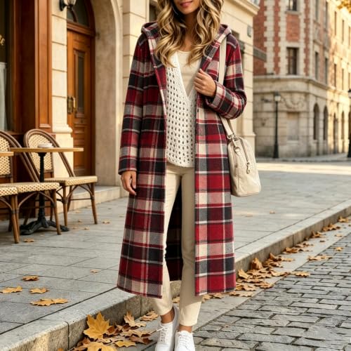Plaid Jacket Women Long Hooded Button Down Cotton Casual Shacket Coats - image 2
