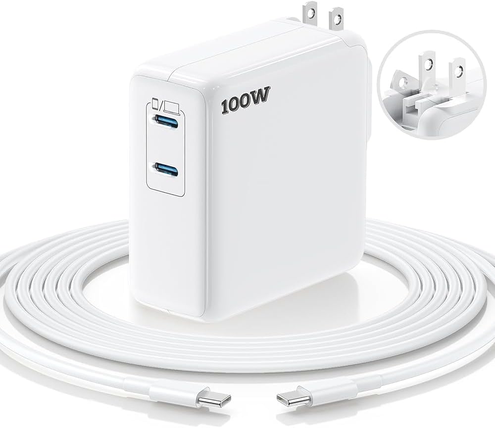 Essri MacBook Pro Charger,100W USB C Charger with Foldable Plug,Dual 75W Ports Fast Charging for MacBook Pro Air,iPad Pro,iPhone 17/16/15,Includes 10FT USB C to C Cables - White