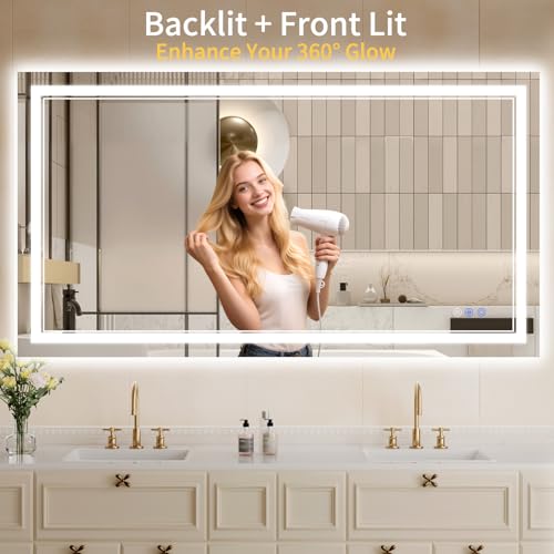 Image of 30 inchx55 inch LED Bathroom Mirror with Lights, Anti-Fog, Backlit + Front Lit, Dimmable, Led Vanity Mirror for Wall, Lighted Bathroom Mirror, 3 Colors, Shatter-Proof Tempered Glass