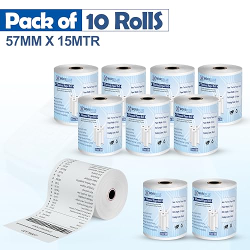 Image of MOREBLUE Credit Card, Food Bills Direct Thermal Receipt Paper Roll, Pack of 10 57mm(2 inch) x 15 Meter, Ink Free Print for POS, Credit Card Machines, & Petrol Pumps