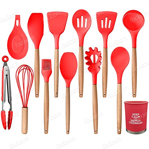 Kit Silicone com Cabo em Madeira 13 peças - Vermelho