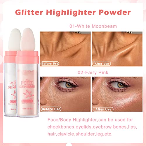 Dageda 2Pcs Body Glitter Powder, Shimmer Face Body Highlighter Powder, High Gloss Fairy Glitter Sparkle Loose Powder Makeup For Hair Body Cosmetics With Bright Luster（White And Pink） #TOP2