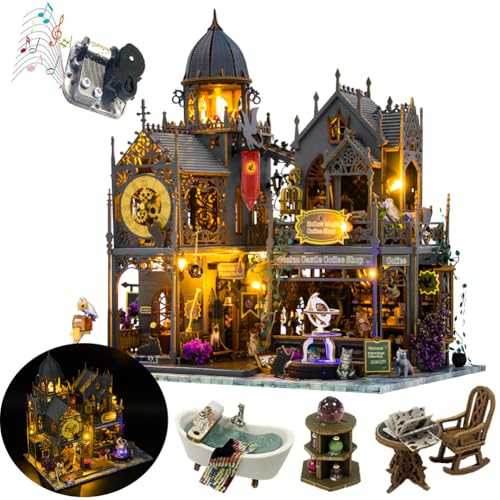 Cjeuxnr 3D Puzzles Wooden Bookend Model Building Magic Dollhouse DIY Miniature House Kit,Wooden Magic Shop Dolls House with Furniture Led Light Adults Magic House DIY Kits