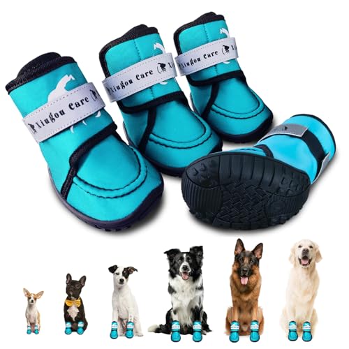 XIUGOU CARE Dog Shoes for Small, Medium and Large Dogs - Waterproof for Rainy Days, Fit for Winter Snow and Hot Summer Roads, with Anti-Slip Soles for Indoor Hard Floors (Blue, Size 4)