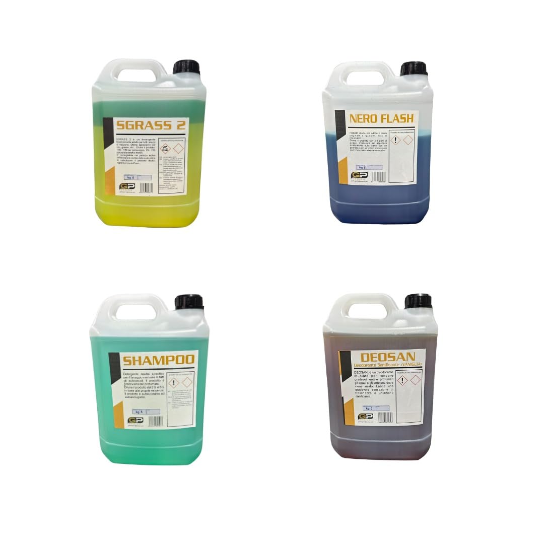 GPDESIGN KIT LAVAGGIO COMPLETO AUTO MOTO CAMION E FURGONI 4 PEZZI. COMBO5 COMPOSTO DA 4 TANICHE DA 5KG OGNUNA DI PRODOTTO CONCENTRATO: NERO GOMME - SHAMPOO - DEODORANTE - SGRASSANTE