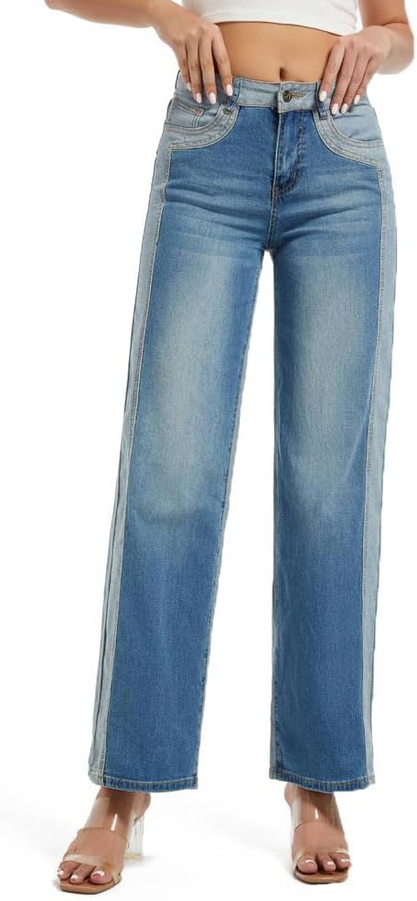 LAFOURAM Patchwork Jeans for Women High Waisted Two Tone High Waisted Chic Denim Color Block Jeans