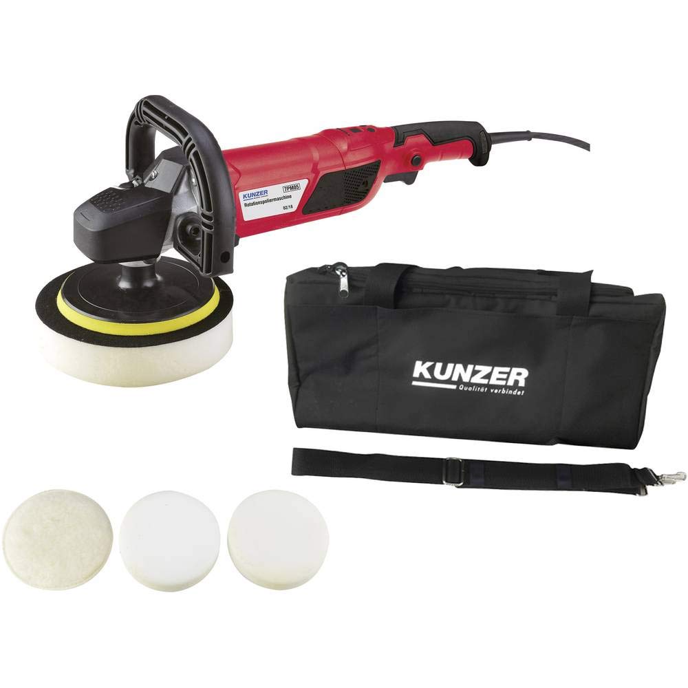 KUNZER 7PM05 Rotations-Poliermaschine, 1500 Watt Motor, Set inkl. Wollhaube | 150 mm Teller, Schwämmen u.v.m, 2x Schwämme sowie ein 5m Kabel inkl, Polierer-Kit, Canvas-Tragetasche