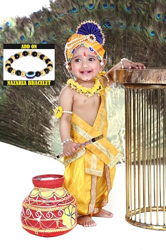Image of Krishna Dress for Kids, Baby Krishna Dress for Janmashtami with Krishna Mukut, Peacock Feather & Flute Embroidered Krishna Costume for Girl & Boy, 3 Months-8 Years